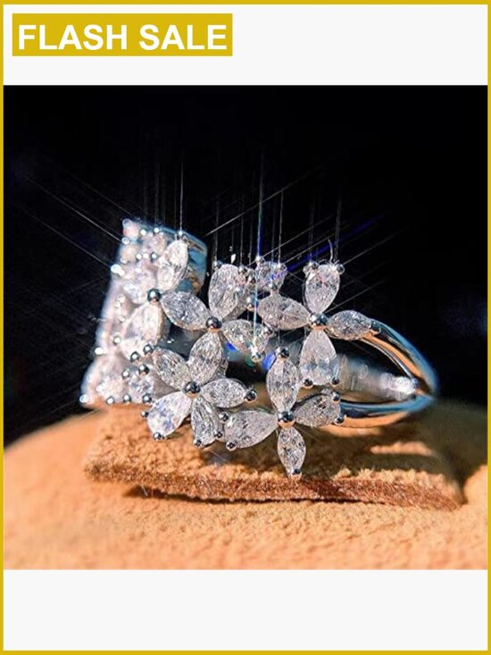 Amazon.com: 925 Sterling Silver Full Diamond Ring Flower  925 Sterling Silver Flower Cocktail Ring Cubic Zirconia Promise Wedding Band